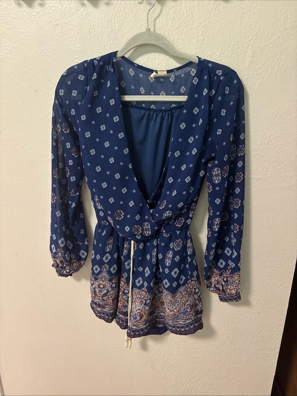 Japna Navy Blue Boho Surplice Tie-Waist Romper Size S